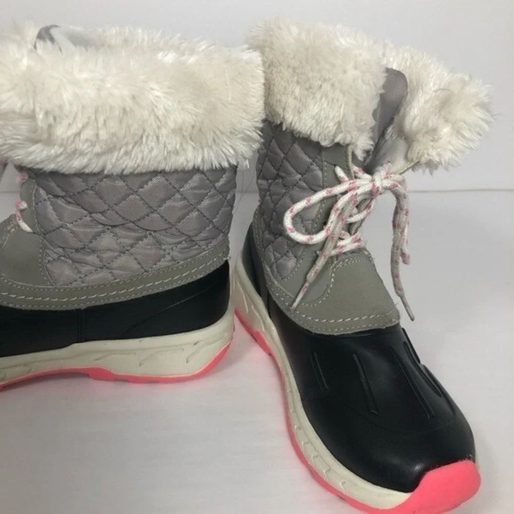 Womens Winter Snow Boots‎ Gray Quilted Faux Fur Trim Lace Up Size 3